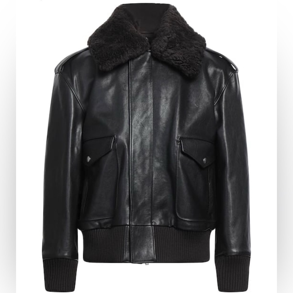 Burberry Black Leather Bomber Jacket with Shearling Collar